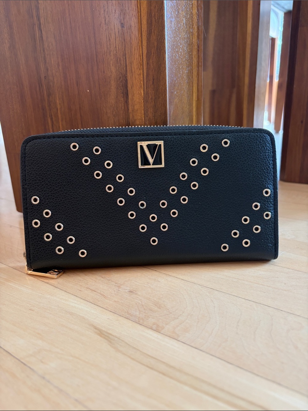 Victoria's Secret Black Zip-Around Wallet with Gold Eyelet Accents - Picture 1 of 5